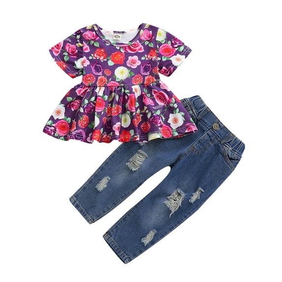 NZRVAWS Toddler Girls Outfits 3T Baby Girls Floral Print 4T Baby Girls Top Ripped Jeans Pants 2Pcs Fall Clothes Set