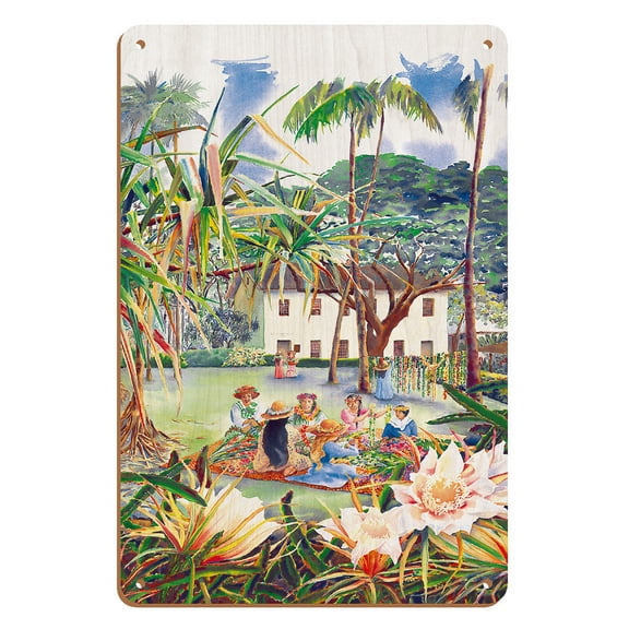 Na Hana Lei O Punahou - Hawaiian Leimaking Women - Punahou School - From an Original Hawaii Watercolor Painting by Peggy Chun - 8 x 12 inch Vintage Wood Art Sign