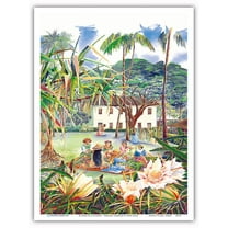 Na Hana Lei O Punahou - Hawaiian Leimaking Women - Punahou School - From an Original Hawaii Watercolor Painting by Peggy Chun - Master Art Print (Unframed) 9in x 12in