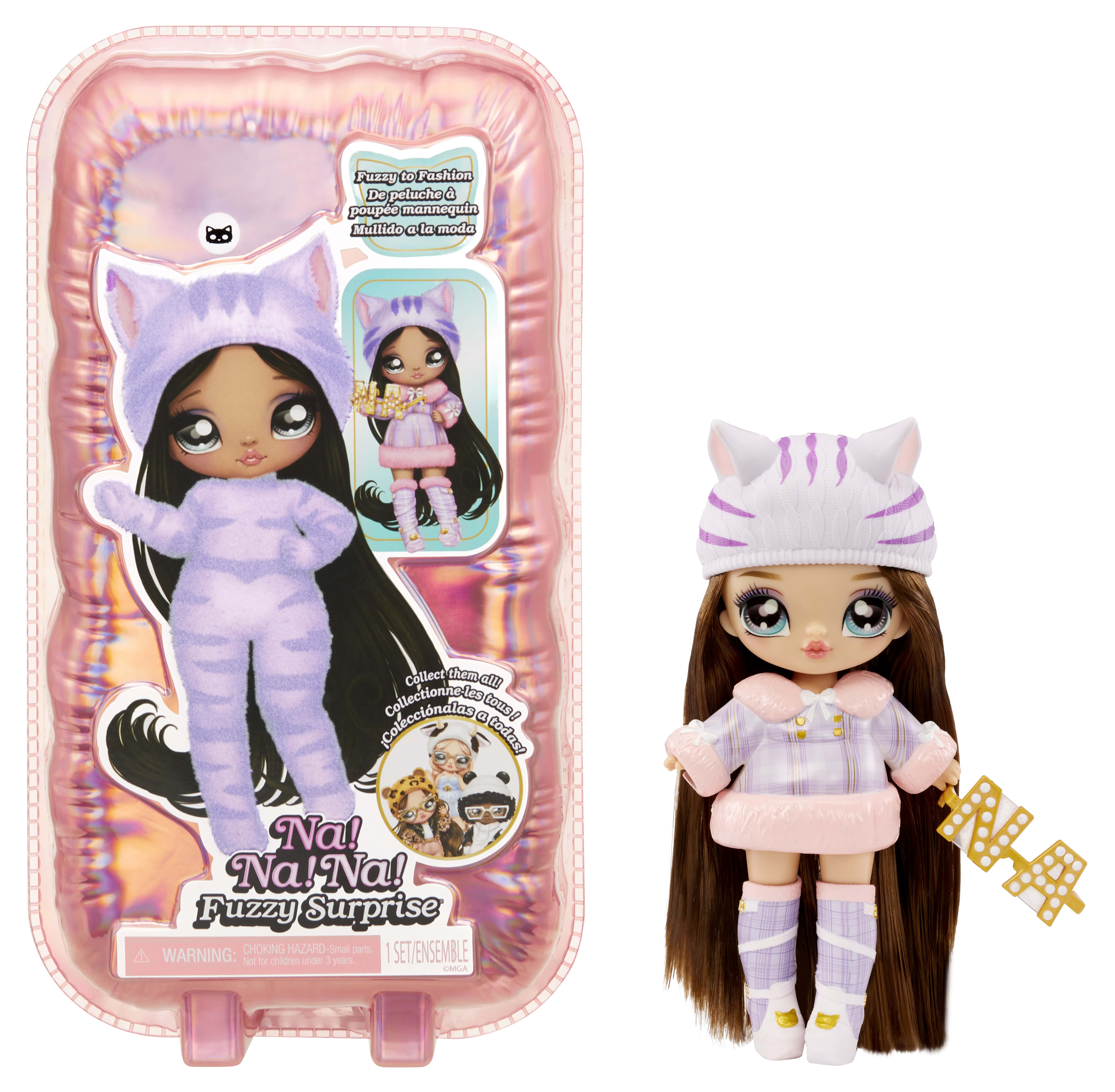 Na Na Na Fuzzy Surprise Series 1 Catie Cat 7" Fashion Doll Cat Inspired with Flocked Body, Beanie, Glasses, Outfit, Shoes. Poseable, Kids Toy Gift Ages 4 5 6 7 8+ Years