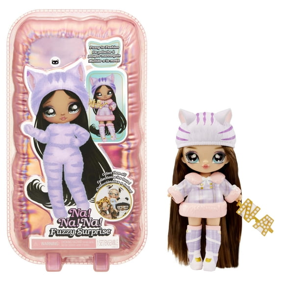 Na Na Na Fuzzy Surprise Series 1 Catie Cat 7" Fashion Doll Cat Inspired with Flocked Body, Beanie, Glasses, Outfit, Shoes. Poseable, Kids Toy Gift Ages 4 5 6 7 8+ Years
