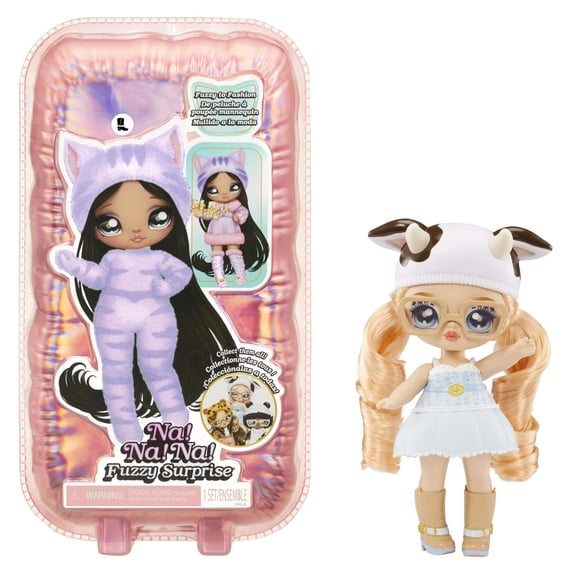 Na Na Na Fuzzy Surprise Series 1 Cora Cowgirl 7" Fashion Doll Cow-Inspired with Flocked Body, Beanie, Glasses, Outfit, and Shoes. Poseable, Toy Gift for Kids Ages 4 5 6 7 8+