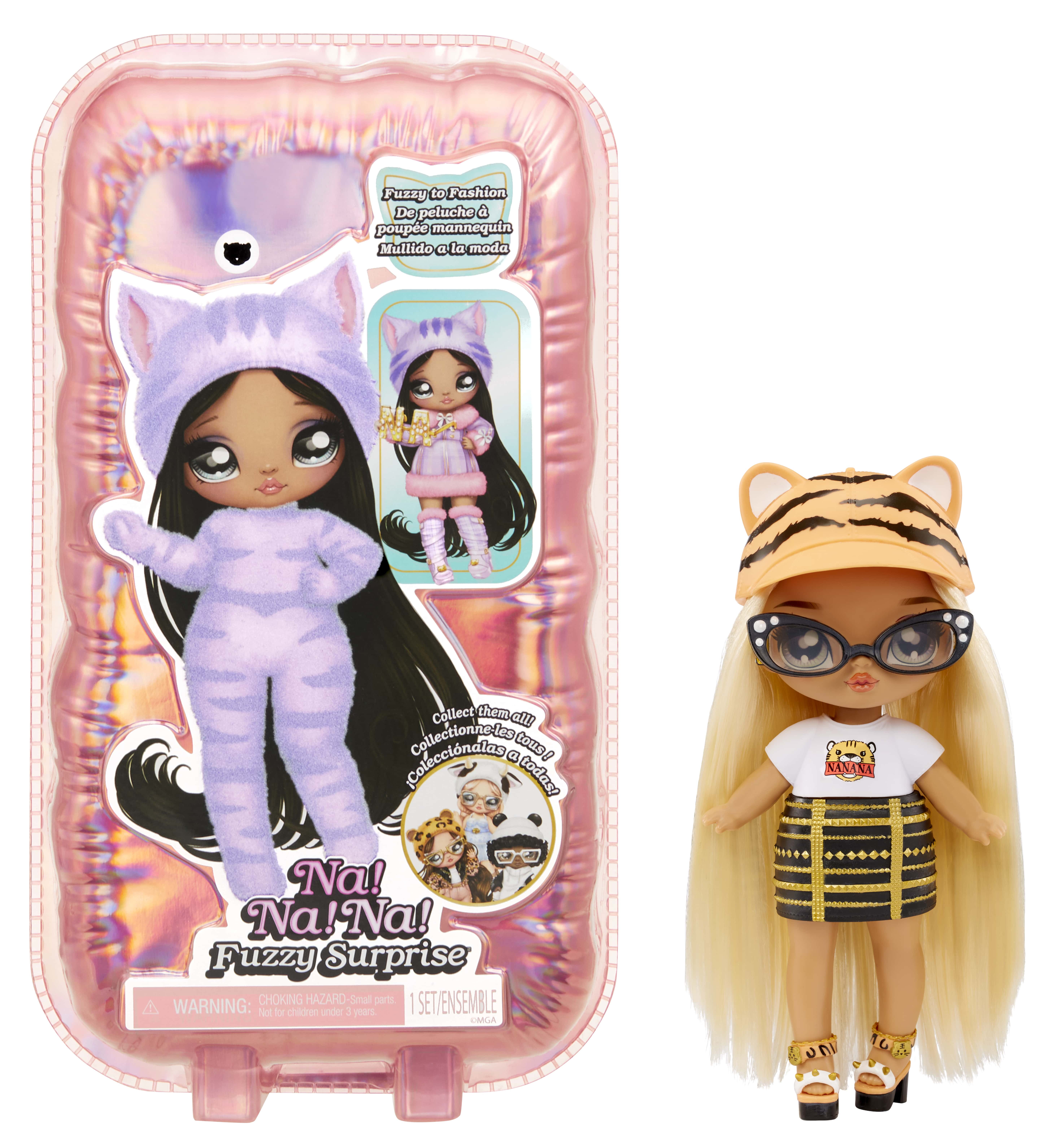 Na Na Na Fuzzy Surprise Series 1 Tiger Linda 7" Fashion Doll Tiger Inspired Flocked Body, Beanie, Glasses, Outfit, and Shoes. Poseable, Toy Gift Kids Ages 4 5 6 7 8+