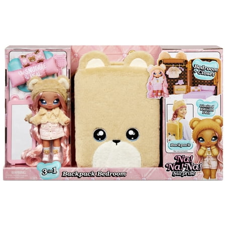 Na! Na! Na! Surprise 3-in-1 Backpack Bedroom Playset Sarah Snuggles In Exclusive Outfit | Fuzzy Teddy Bear Bag, Real Mirror, Closet with Drawer, Pillows, Blanket | Kids Ages 5+