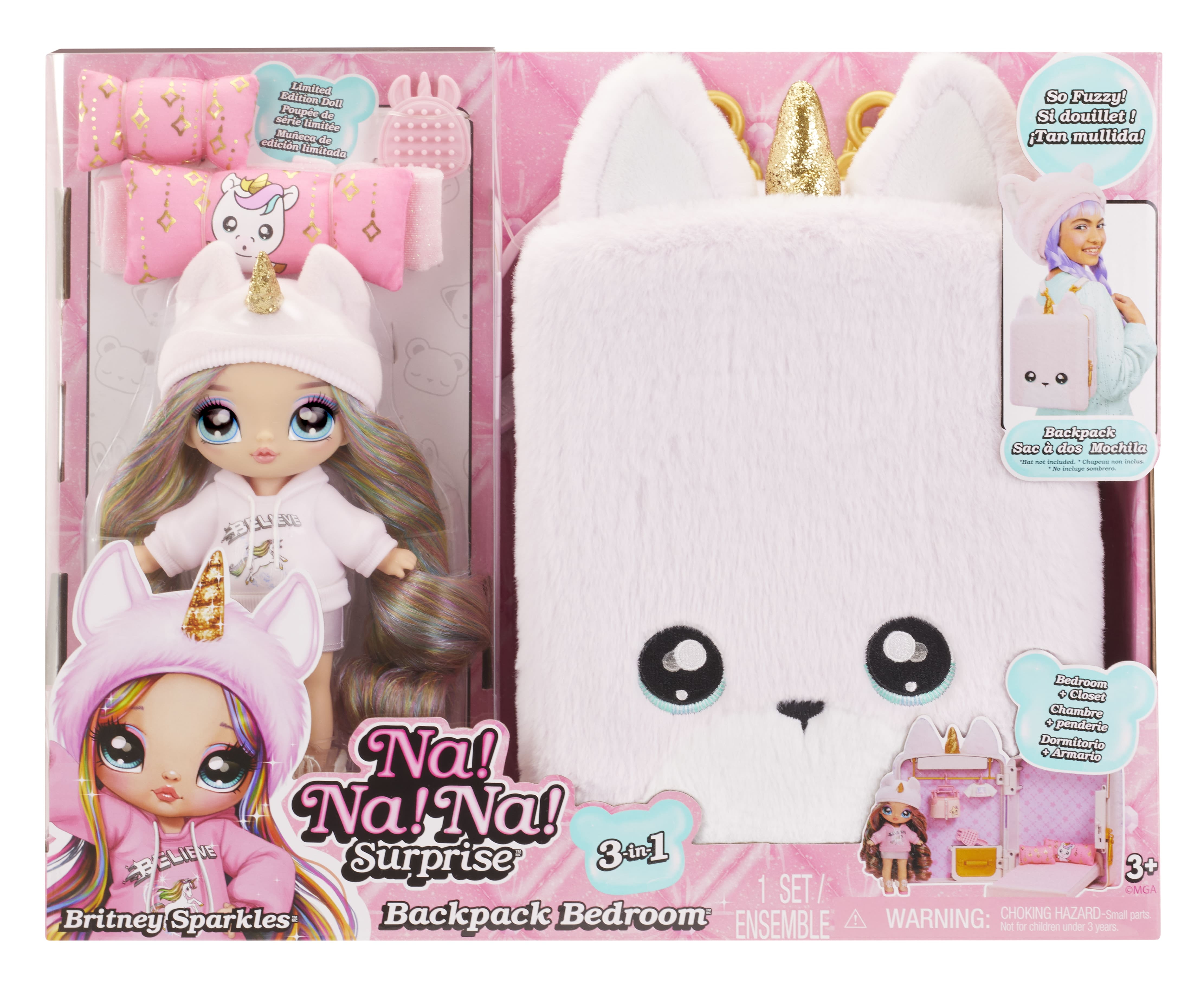 Na Na Na Surprise 3-in-1 Backpack Bedroom Unicorn Playset Britney Sparkles Fashion Doll, Fuzzy Pink Unicorn Backpack, Closet with Pillows & Blanket, Kids Gift Ages 4 5 6 7 8+
