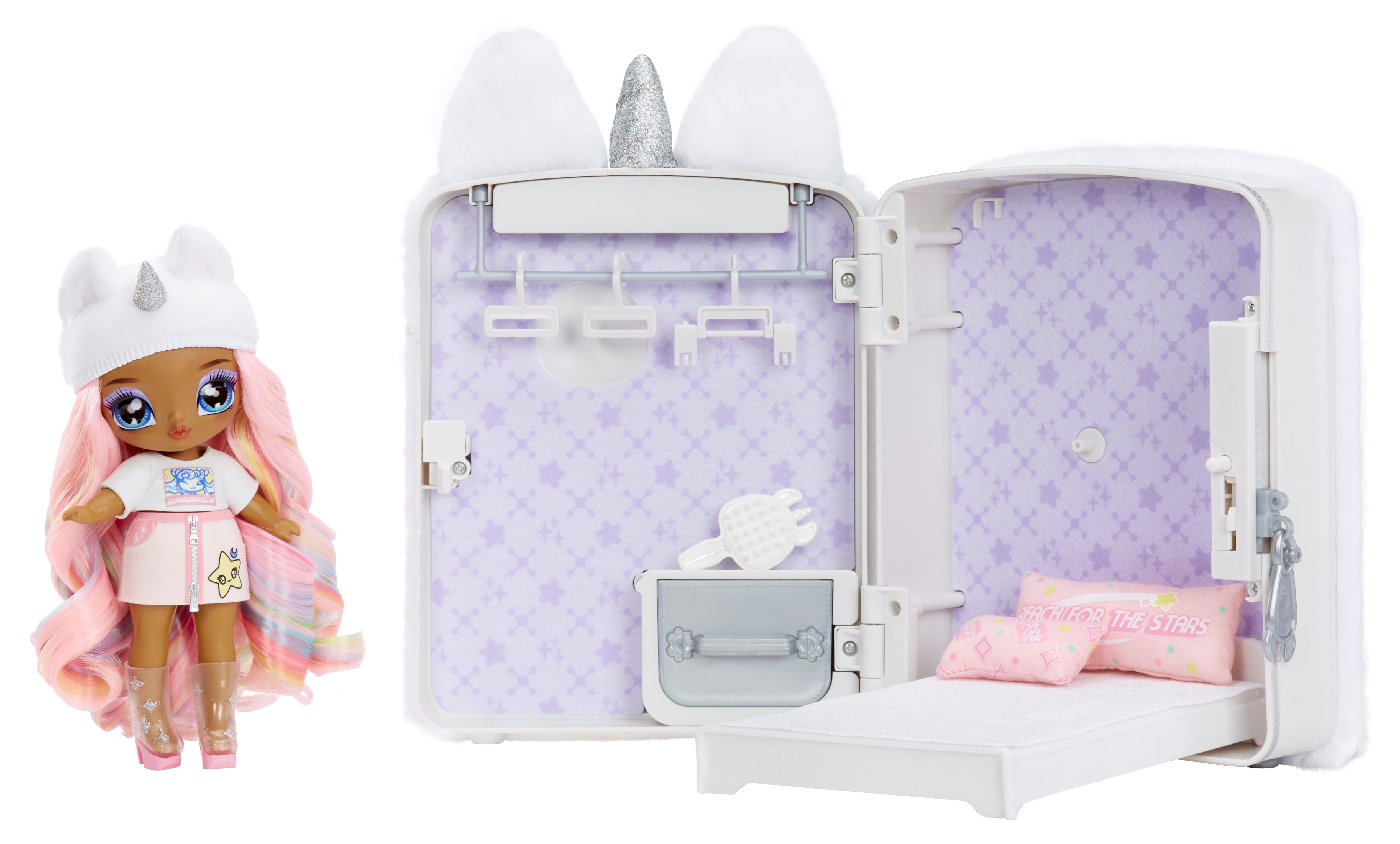 Na Na Na Surprise 3-in-1 Backpack Bedroom Unicorn Playset Whitney Sparkles Fashion Doll, Fuzzy White Unicorn Backpack, Closet, Pillows & Blanket, Kids Gift Ages 4 5 6 7 8+