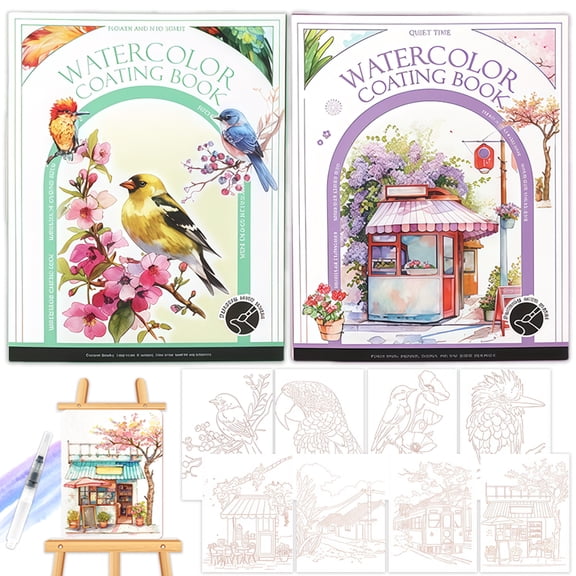 NaTuGi 2 Pack Adults Creative Stress Relief Kit，Watercolor Coloring Books ，Watercolor Painting Books，Portable Art Workbooks，Suitable for Beginners Or Travelers Birthday Gift (Birds and Time)