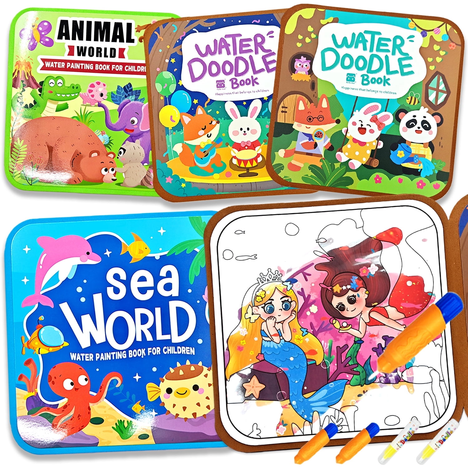 NaTuGi Reusable Water Painting Books for Kids，with 4 Water pens 4 Themes，No Mess Paint Coloring，for Ages 3+，Gift for Boys & Girls，Kids Travel Activity Toys (4 Books)