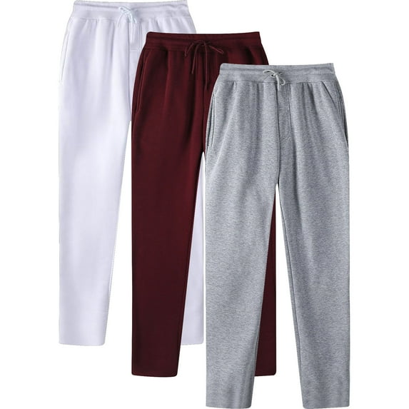 NaWent 3 Pack: Men's Active Athletic Casual Tricot Open Bottom Sweatpants with Pockets (Available in Big & Tall) White,Wine,Gray 14(XXXL)