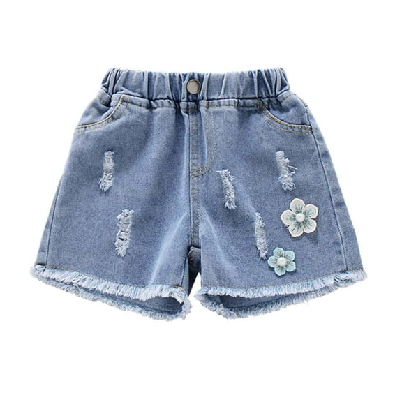 NaWent 4-15Y Little&Big Girls Summer Denim Shorts Elastic Waistband Flower Ripped Jeans Blue 10-11 Years
