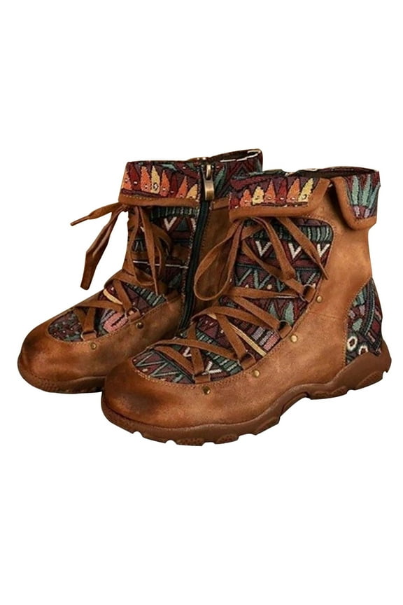 Ankle Boots for women Retro Aztec Pattern mid-calf Bohemian Ethnic Style Floral Zip Lace-up Vintage Short Booties Lightweight Warm Casual Flat Shoes Khaki 9.5-10(42)