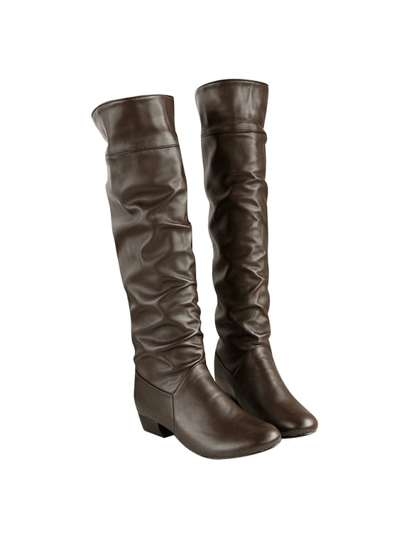 Boots for Women Knee High 2024 Fashion Casual Round Toe Pleated Block Chunky Low Heel Boots Winter Elegant Solid Comfy Outdoor Ladies Shoes Brown 6(37)