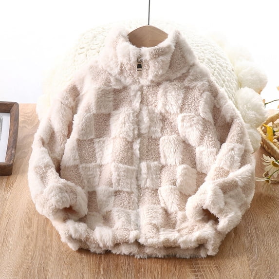NaWent Boys Girls Fleece Jacket Winter Warm Cute Full Zipper Plaid Stand Up Collar Long Sleeved Casual Coat Beige 3 Years