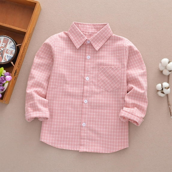 NaWent Clearance Boys Girls Dress Shirts Plaid Long Sleeved Button Down Shirt formal Uniform Casual Western Shirt Pink 8 Years