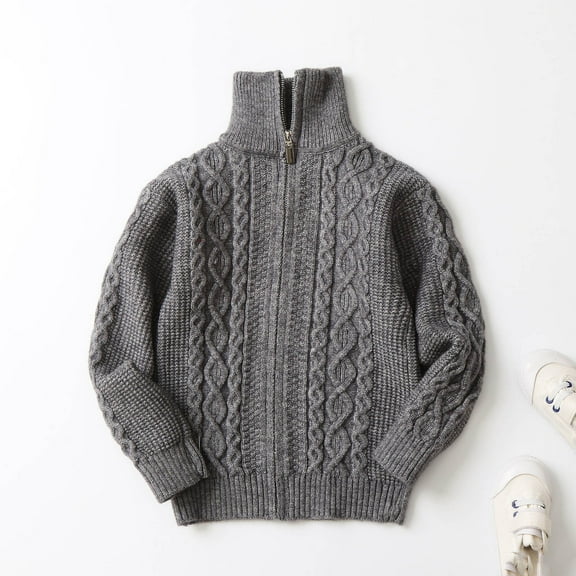 NaWent Boys Girls Sweater Fall Winter Full Pullover Stand-Up Collar Sweater Jacket Cable Cord Long Sleeve Knit Solid Color Warm Sweater Dark Gray 11 Years