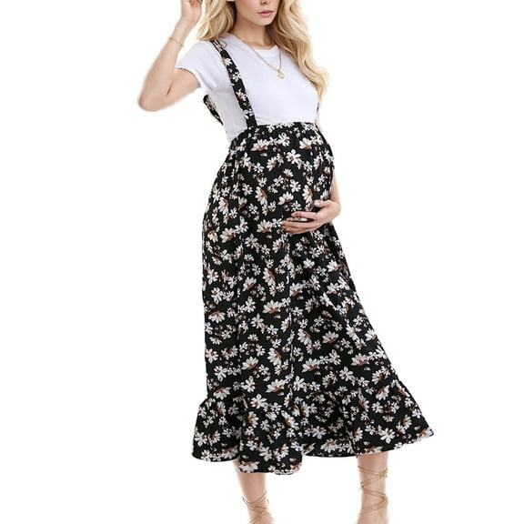 NaWent High Waisted Maternity Midi Skirt Summer Casual Boho Flowy Ruffle Adjustable Suspender Skirt Photoshoot Baby Shower Black S(S)