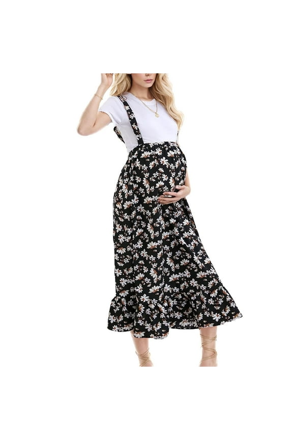 NaWent High Waisted Maternity Midi Skirt Summer Casual Boho Flowy Ruffle Adjustable Suspender Skirt Photoshoot Baby Shower Black S(S)