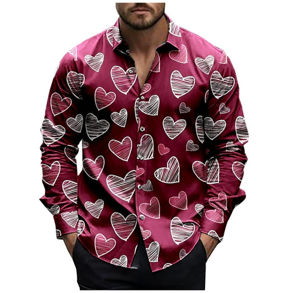 NaWent Long Sleeve Shirts for Men Valentine's Day Heart Print Blouse Wrinkle-free Casual Turndown Collar Shirt Red 10(L)