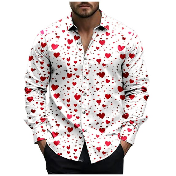 NaWent Long Sleeve Shirts for Men Valentine's Day Heart Print Wrinkle-free Casual Turndown Collar Blouse Shirt White 10(L)