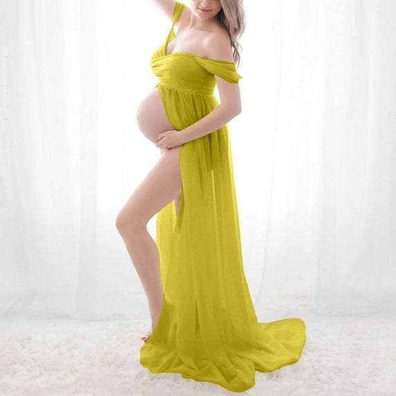 NaWent Maternity Dress for Photoshoot Sleeveless Open Front Photography Gown off Shoulder Split Front Chiffon Gown Maternity Dress Yellow 6(M)