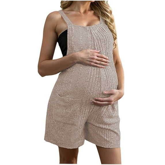 NaWent Maternity Rompers Overall Shorts Summer Casual Button Sleeveless Jumpsuits Romper with Pockets Khaki 12(XXL)