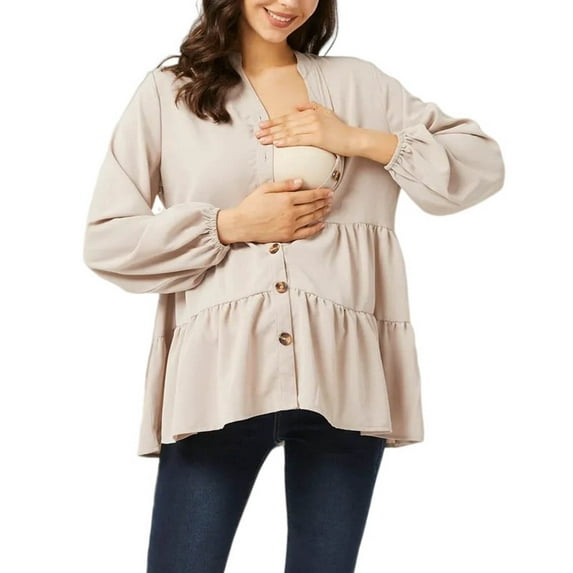 NaWent Maternity Shirt for Women Cotton Long Sleeve Button Down Pregnancy Blouse Maternity Pregnant Dress Top Khaki 16(3XL)