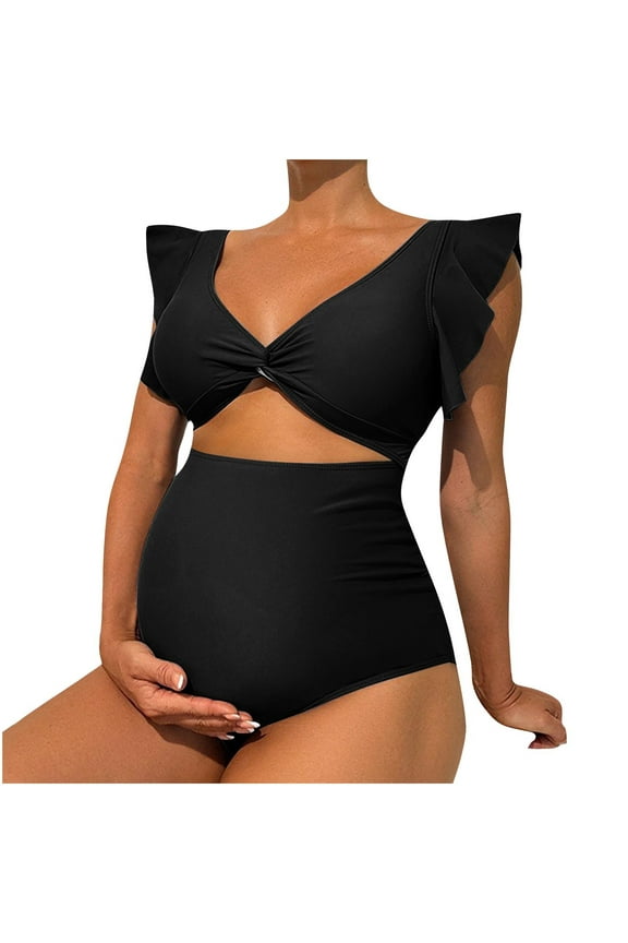 NaWent Maternity Swimsuit for Women One Piece Swimsuit Sex Solid Color To Cover the Belly Support the Abdomensummer Swimsuit Black 16-18(XL)