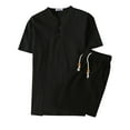 thumbnail image 1 of NaWent Clearance Men's Summer 2 Piece Outfits Short Sleeve Shirts and Shorts Cotton Linen Set Teenager Fashion Fallow Two-piece Black 5XL, 1 of 2