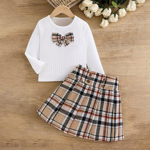 NaWent Toddler Girls Pleated Skirt Set Fall Winter 2 Piece Outfit Lattice Dresses Long Sleeve Top Cute Clothes Outfit for Kid Khaki 3 Years