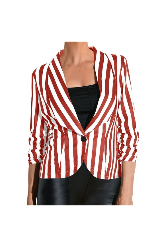 Women's Blazer Casual Work office Open Front Striped Blazer Striped 3/4 Sleeve Lightweight Fashion Jacket Red 12(XXL)