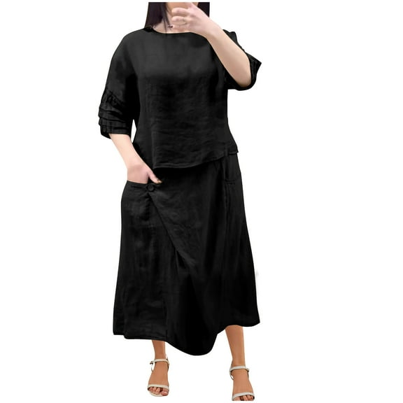 NaWent Cotton Linen Skirt 2 Piece Set Women's Summer Solid Round Neck 3/4 Sleeve Tops Skirt Suit Black 3XL