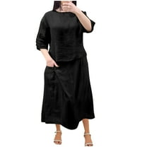 NaWent Cotton Linen Skirt 2 Piece Set Clearance Women's Summer Solid Round Neck 3/4 Sleeve Tops Skirt Suit Black L