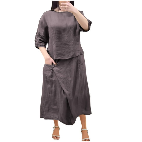 NaWent Cotton Linen Skirt 2 Piece Set Women's Summer Solid Round Neck 3/4 Sleeve Tops Skirt Suit Bronze XL