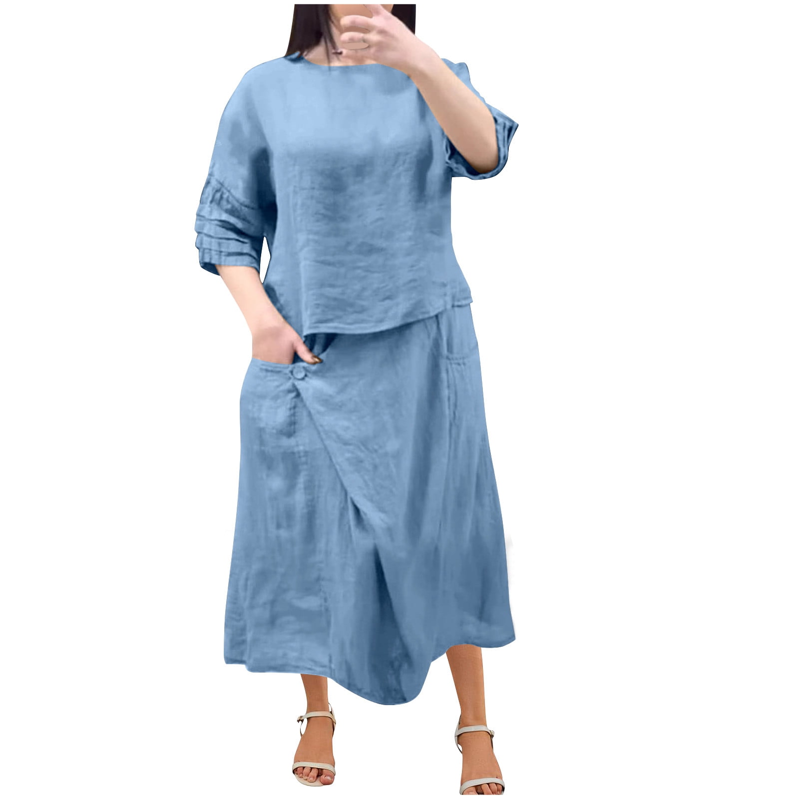 NaWent Cotton Linen Skirt Piece Set Women's Summer Solid Round