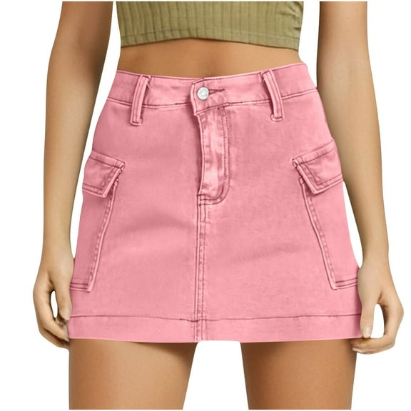NaWent Denim Cargo Skirt Women's Going Out Mini Denim Skirt Multi Pocket High Waisted Denim Skirt Pink XL