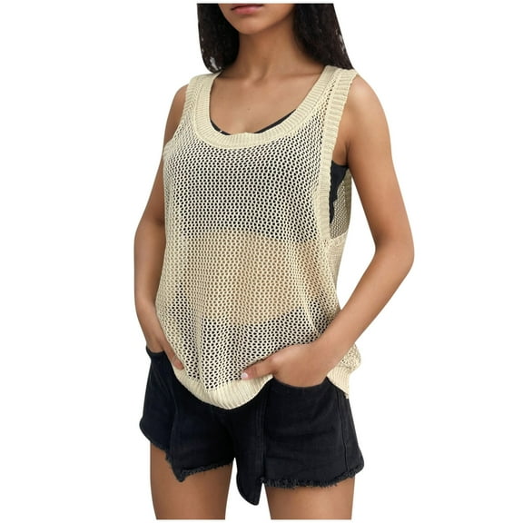 NaWent Fishnet Tank Tops Women Going Out Knitted Shirt Sleeveless Loose Summer Casual Top Beige S
