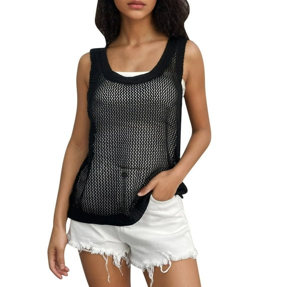 NaWent Fishnet Tank Tops Women Going Out Knitted Shirt Sleeveless Loose Summer Casual Top Black XL