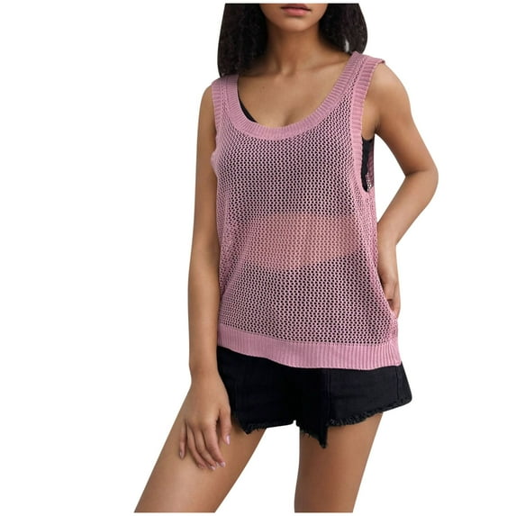 NaWent Fishnet Tank Tops Women Clearance Going Out Knitted Shirt Sleeveless Loose Summer Casual Top Hot Pink S