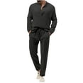 thumbnail image 1 of NaWent Linen Sets for Men 2 Piece Button Down Shirt Long Sleeve and Casual Beach Drawstring Waist Pants Summer Outfits Black 10(XL), 1 of 5