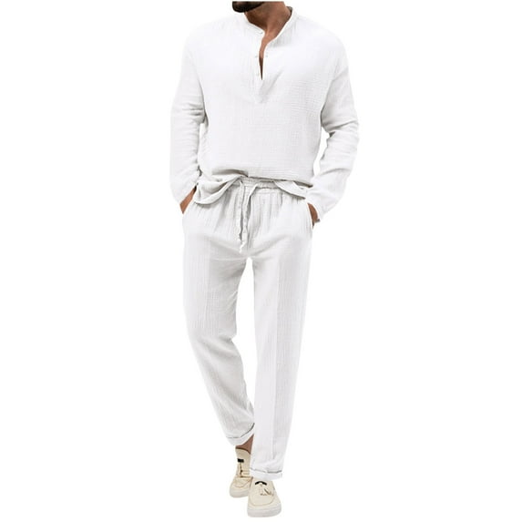 NaWent Linen Sets for Men 2 Piece Button Down Shirt Long Sleeve and Casual Beach Drawstring Waist Pants Summer Outfits White 10(XL)