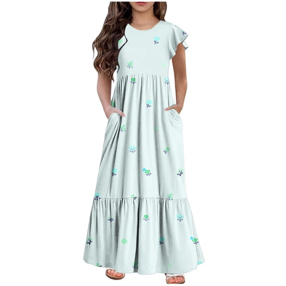 NaWent Maxi Dress for Girls Short Sleeve Casual Long Flower Print Dresses with Pockets 6-12 Years Light Blue 10 Years