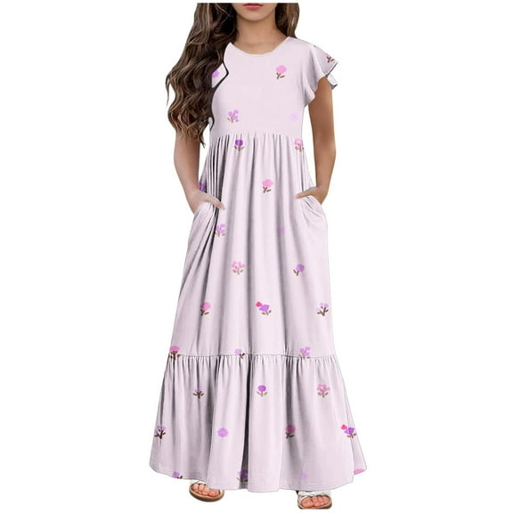 NaWent Maxi Dress for Girls Short Sleeve Casual Long Flower Print Dresses with Pockets 6-12 Years Pink 10 Years