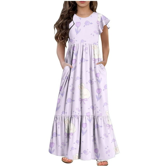 NaWent Maxi Dress for Girls Short Sleeve Casual Long Flower Print Dresses with Pockets 6-12 Years Purple 6 Years