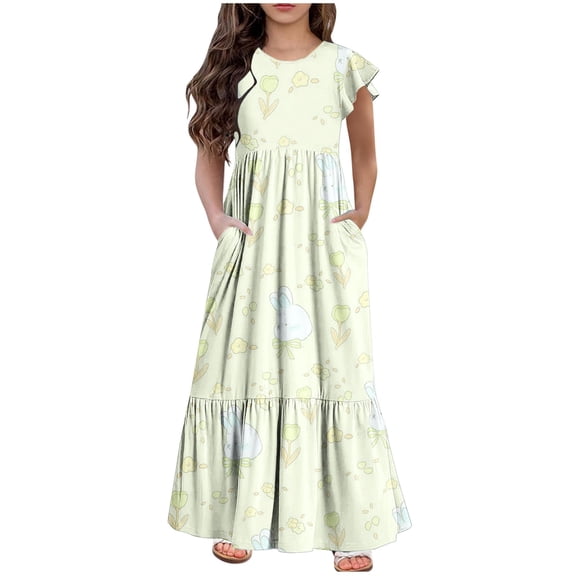 NaWent Maxi Dress for Girls Short Sleeve Casual Long Flower Print Dresses with Pockets 6-12 Years Yellow 12 Years