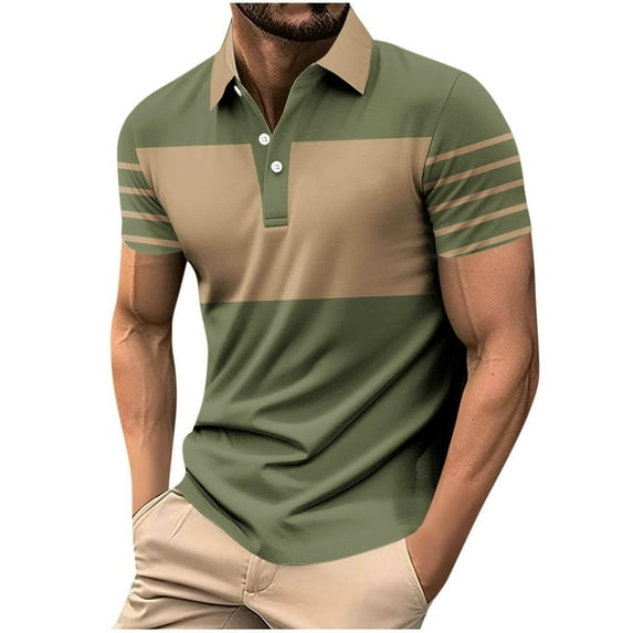 NaWent Men Golf Shirts Color Blocked Turndown Collar Button Sport Short Sleeved Lapel Top Shirt Green 3XL
