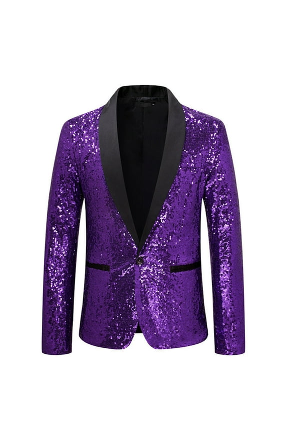 Men Shiny Sequin Blazer Tuxedo Party Dinner Prom One Button Suit Jacket Purple 8(L)