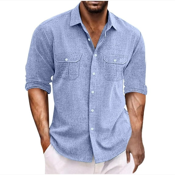 NaWent Men's Casual Button Down Shirt Long Sleeve Linen Chambray Shirt Blue 8(L)