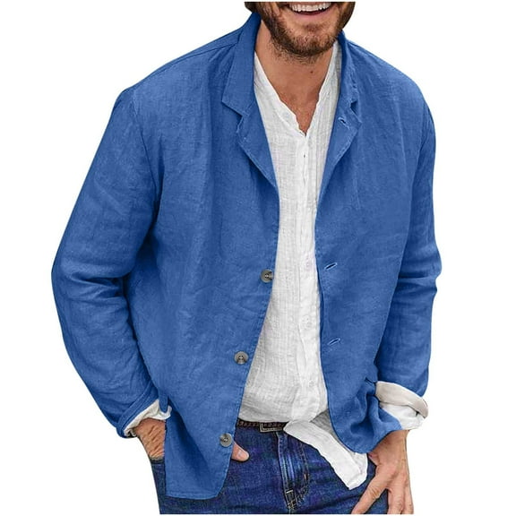 NaWent Men's Cotton and Linen Casual Blazer Jacket Regular Fit Lightweight Summer Tops on Clearance Blue 4(M)