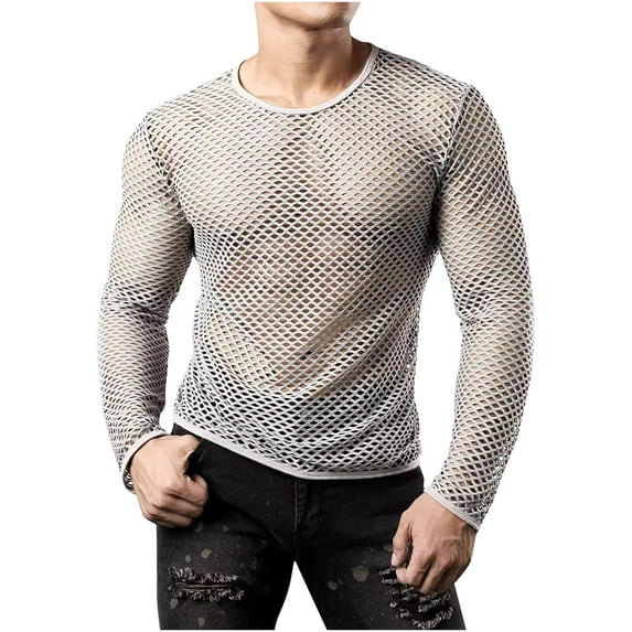 NaWent Men's Fashion Hollow Out Fishing Net Casual Solid Color Long Sleeve Round Neck Collar Shirt Gray 6(M)