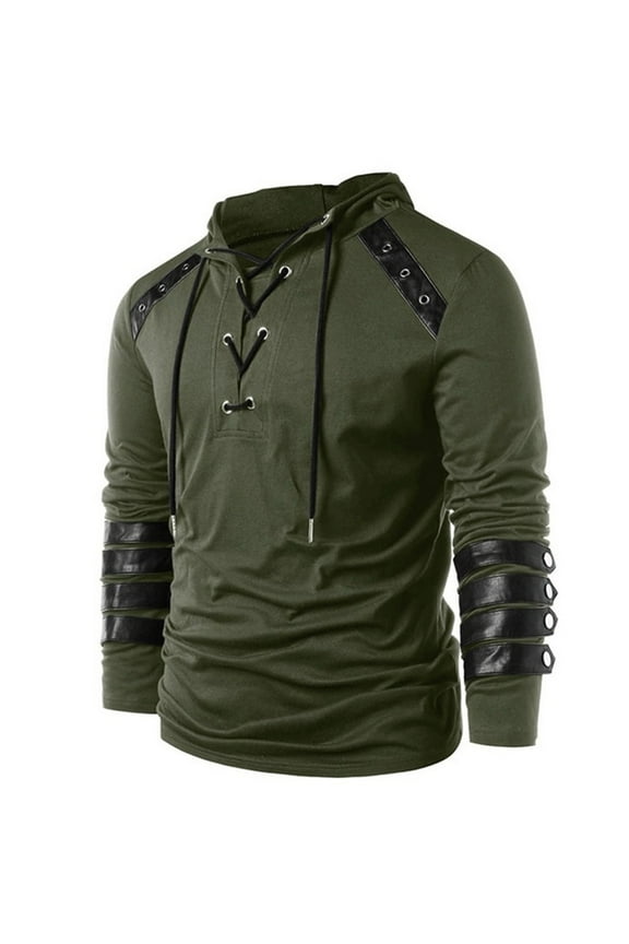 Men's Gothic Steampunk Shirts Sweatshirt Lace Up Long Sleeve Pullover Hooded Tee Tops Green 8(XL)